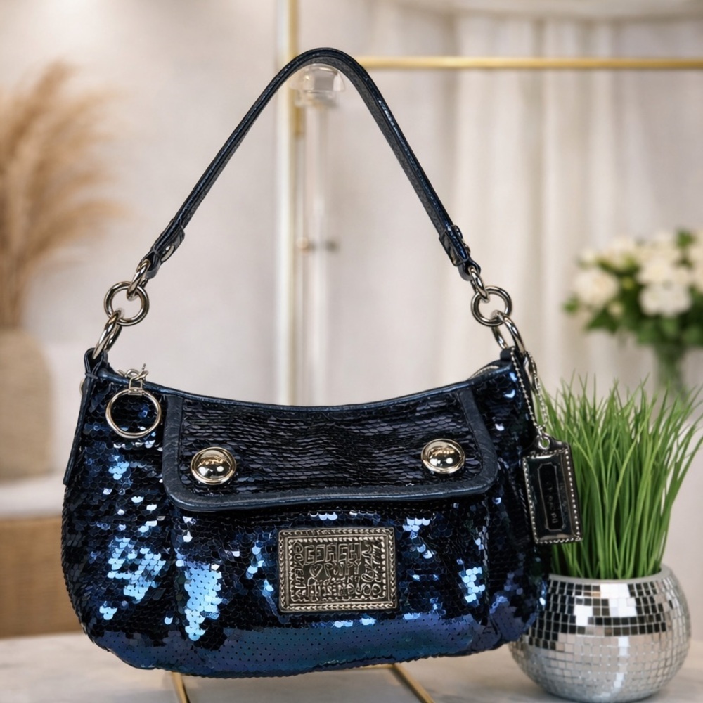Coach Poppy‎ Y2K Midnight Blue Sequins Hand Shoulder Crossbody Bag Rare HTF